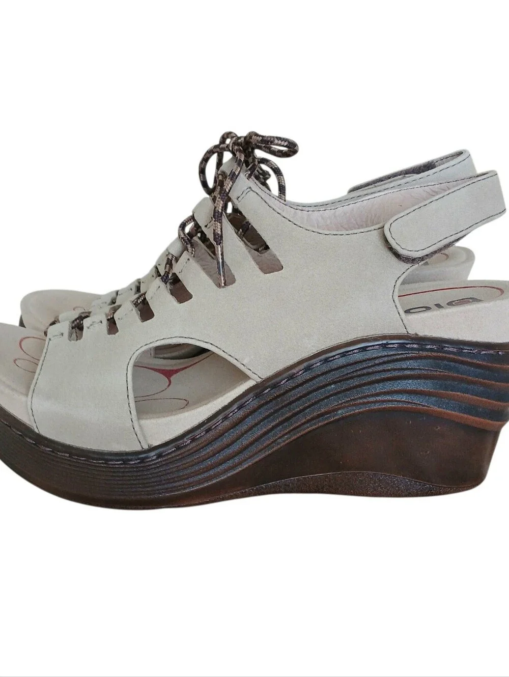 NEW BIONICA Sirus Leather Lace Up Wedge Sandals Women's 7.5 Beige Comfort Chunky